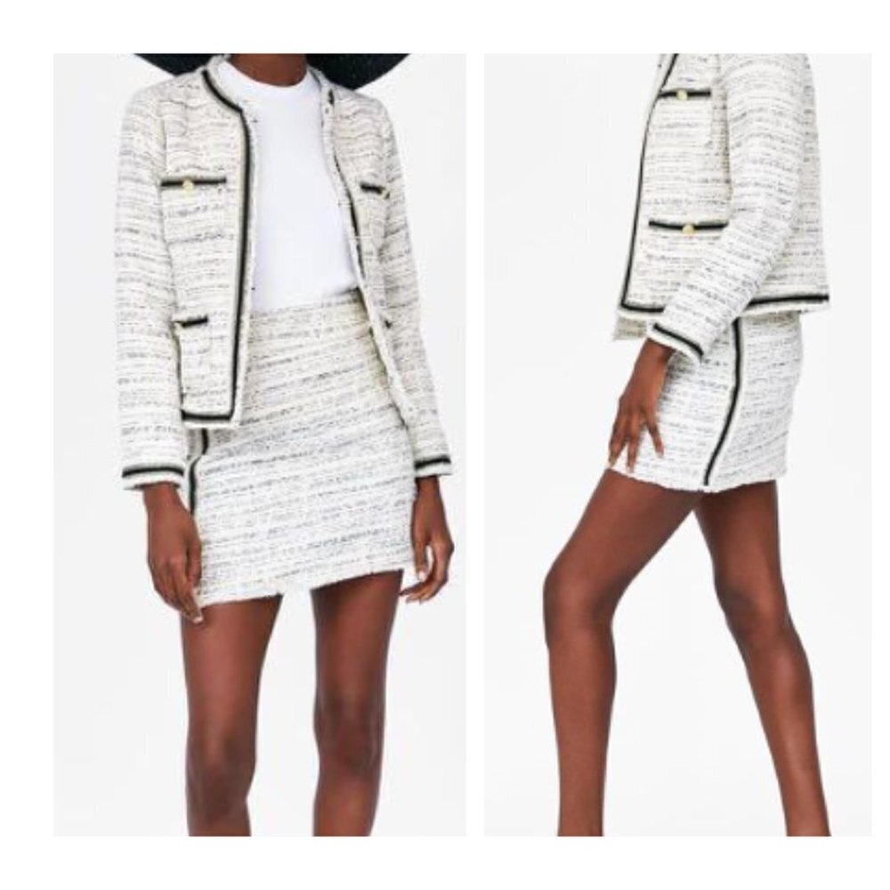 ZARA Basic Women's Tweed Mini Skirt Frayed With Stripe Detail Ecru Textured S